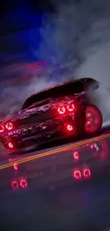 Drifting black car with red lights on asphalt, surrounded by smoke.