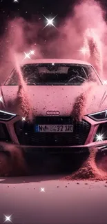 Sports car bursting through pink dust cloud, dynamic motion wallpaper.