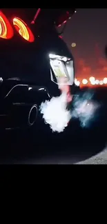 Car exhaust emitting smoke in night scene, with glowing lights and dynamic atmosphere.