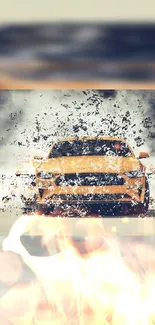 Dynamic yellow car exploding through smoke with fiery effects.