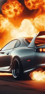 Car with explosive background, fiery scene