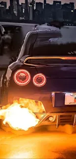 Sports car with fiery exhaust against a cityscape backdrop.