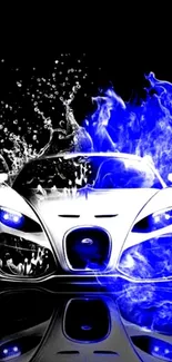 Futuristic sports car with blue flames and water effects.