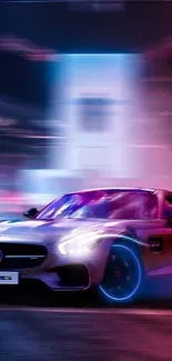 High-speed car wallpaper with neon blue and red lights in motion.