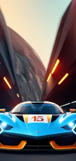 Futuristic race car in vibrant blue and orange on a dynamic track.