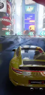 Yellow sports car racing through neon city at night.