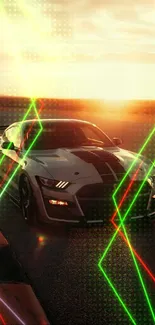 Dynamic car racing scene with neon lights and sunset backdrop.