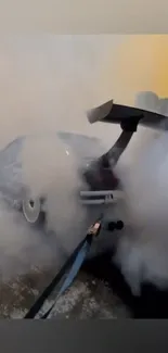 Car engulfed in thick smoke during a burnout.