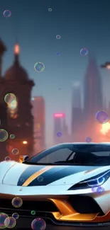 Dynamic car under night city lights with bubbles floating around.