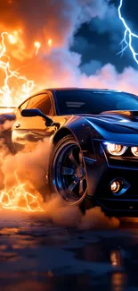 Car with lightning background, intense energy, and vibrant colors.