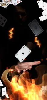 A dynamic mobile wallpaper with floating playing cards and flames.