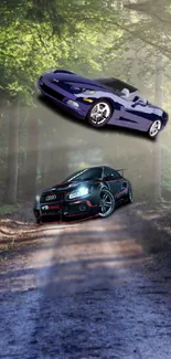 Sleek cars racing through a lush forest setting, blending speed and nature.