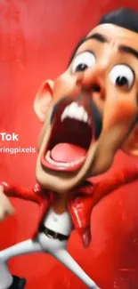 Animated cartoon character with red jacket background.