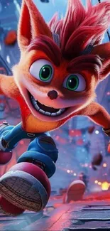 Animated character leaping in colorful scene.