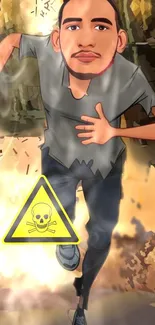 Cartoon man running from hazard sign in dynamic scene.