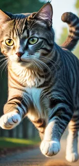 A tabby cat dynamically running down a forest trail on a sunny day.