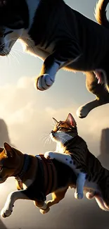 Two cats leaping dramatically in a sunlit, scenic background.