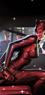 Catwoman in handcuffs with red costume in a car.