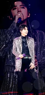 Dynamic concert scene with celebrity on stage in shimmering outfit.