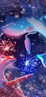 Celestial creatures amidst cosmic fireworks in a colorful phone wallpaper.