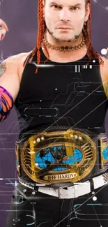 Vibrant wrestling champion wallpaper with bold colors and intricate belt design.