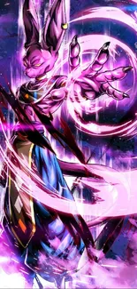 Dynamic anime character with vibrant energy aura in purple tones.