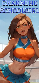 Anime cheerleader in vibrant colors with dynamic pose and brown hair.