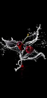 Cherries splashing on a black background, creating a dynamic and fresh look.