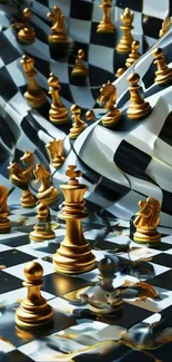 Golden chess pieces on a dynamic checkerboard.