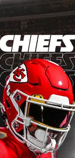 Chiefs football helmet against a stadium background.