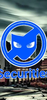 City skyline with blue security logo on mobile wallpaper.