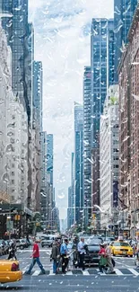 Urban city street with yellow taxis and skyscrapers.