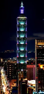 Night view of a vibrant cityscape with illuminated skyscrapers.