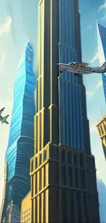 Airplane flying through a cityscape with skyscrapers.