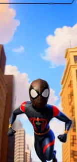 Superhero in a vibrant city scene with blue sky background.