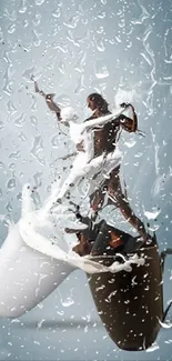 Artistic coffee and dance splash wallpaper with blue-gray background.