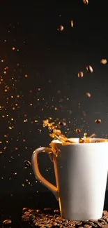 Cup with coffee splash and beans background.