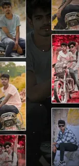 Collage of young men posing casually on bikes under a red filter.