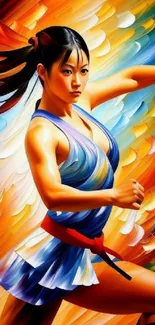 Colorful martial arts wallpaper with dynamic brush strokes and a woman in action.