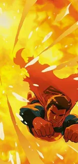 Comic hero soaring through fiery explosion.