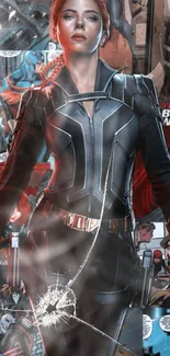 Dynamic wallpaper of a heroine in a black suit with comic book backdrop.