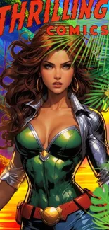 Vibrant comic book wallpaper with superhero woman in green costume.