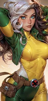 Vibrant comic character in yellow and green outfit mobile wallpaper.