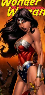 Wonder Woman in bold comic art style with vivid colors and action elements.