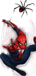 Animated superhero in red suit jumps dynamically with a stylized spider above.