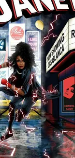 Comic-style wallpaper with a superhero in neon-lit city.