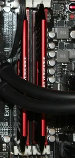 Close-up of computer components with red highlights and black accents.