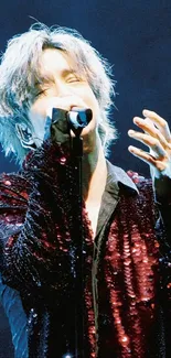 Singer in sequin jacket performs passionately on stage.