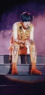 Concert performer in orange outfit on stage.