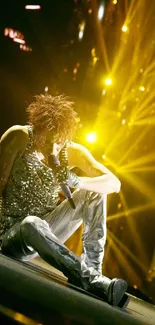 Energetic live concert with a dazzling stage and performer, bathed in golden lights.